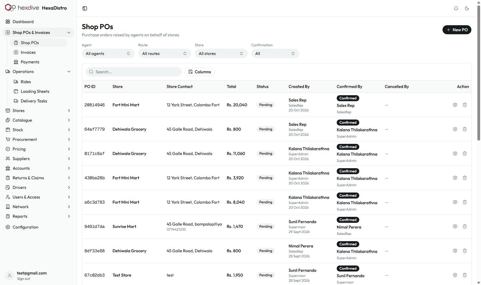 Shop POs list: pending orders by store, confirmation history and totals in rupees.